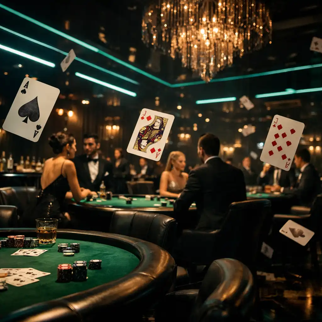 Ekskluzywna noc kasynowa z eleganckimi stołami pokerowymi i gośćmi VIP