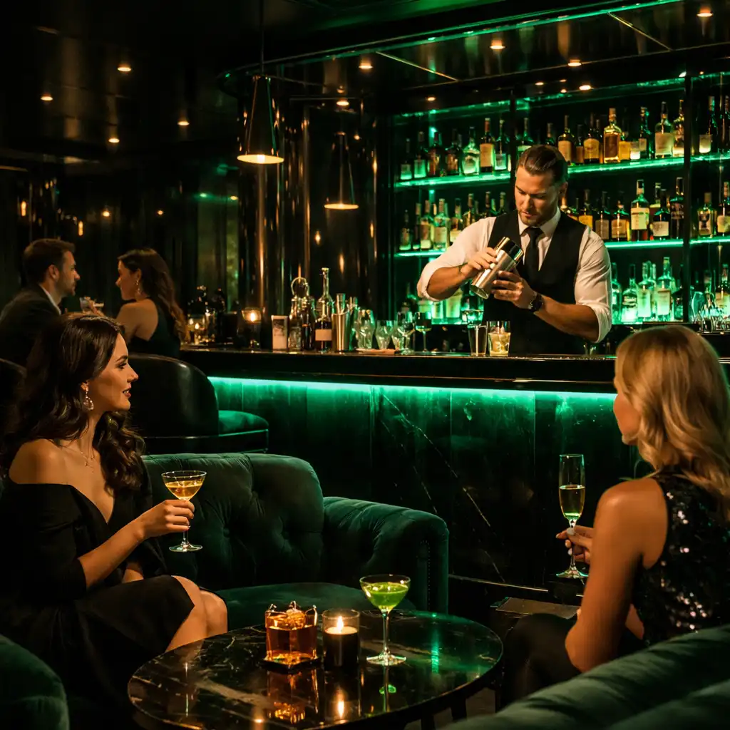 Ekskluzywna strefa chillout i bar koktajlowy w stylu kasynowym
