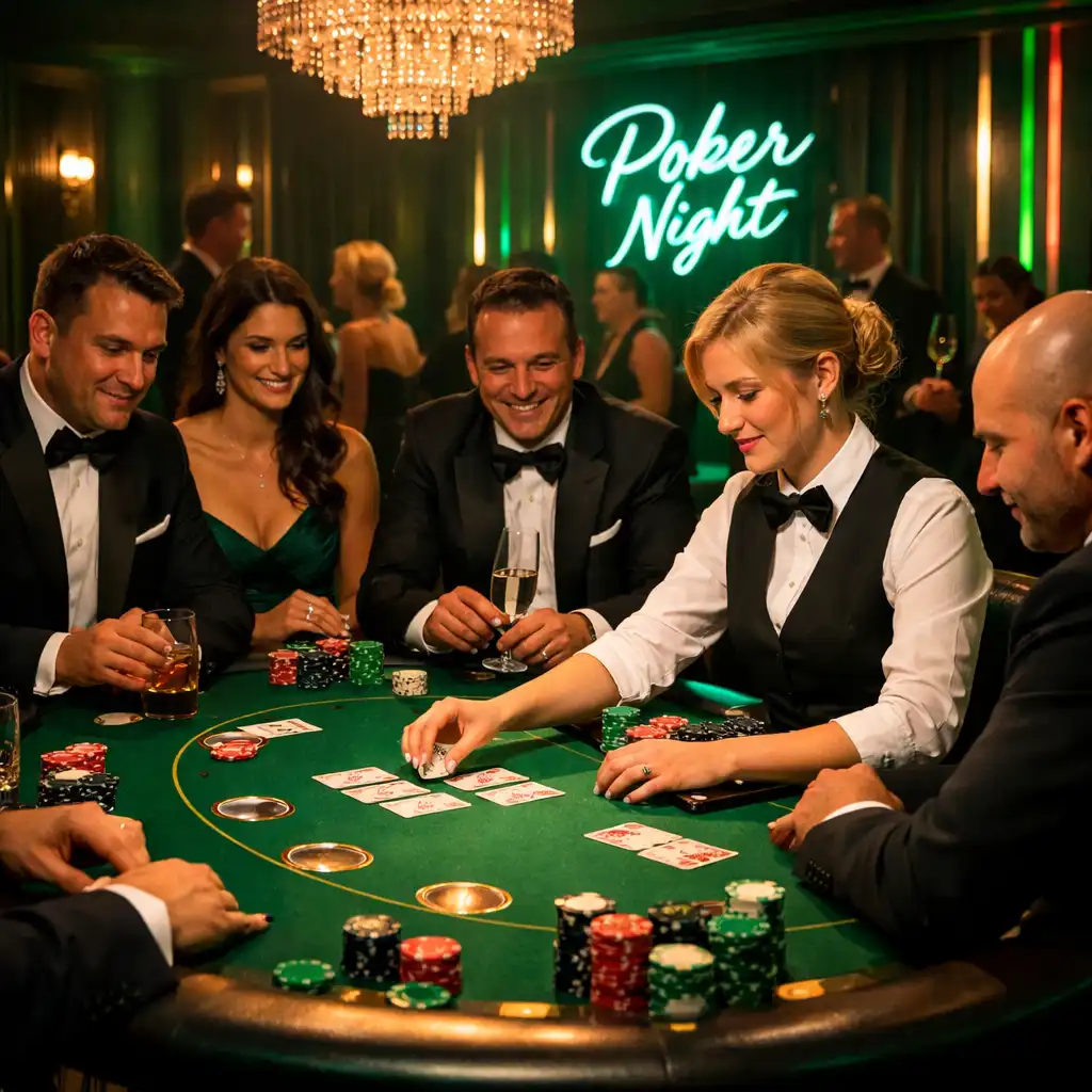 Ekskluzywny wieczór pokerowy z neonową oprawą i profesjonalnym krupierem