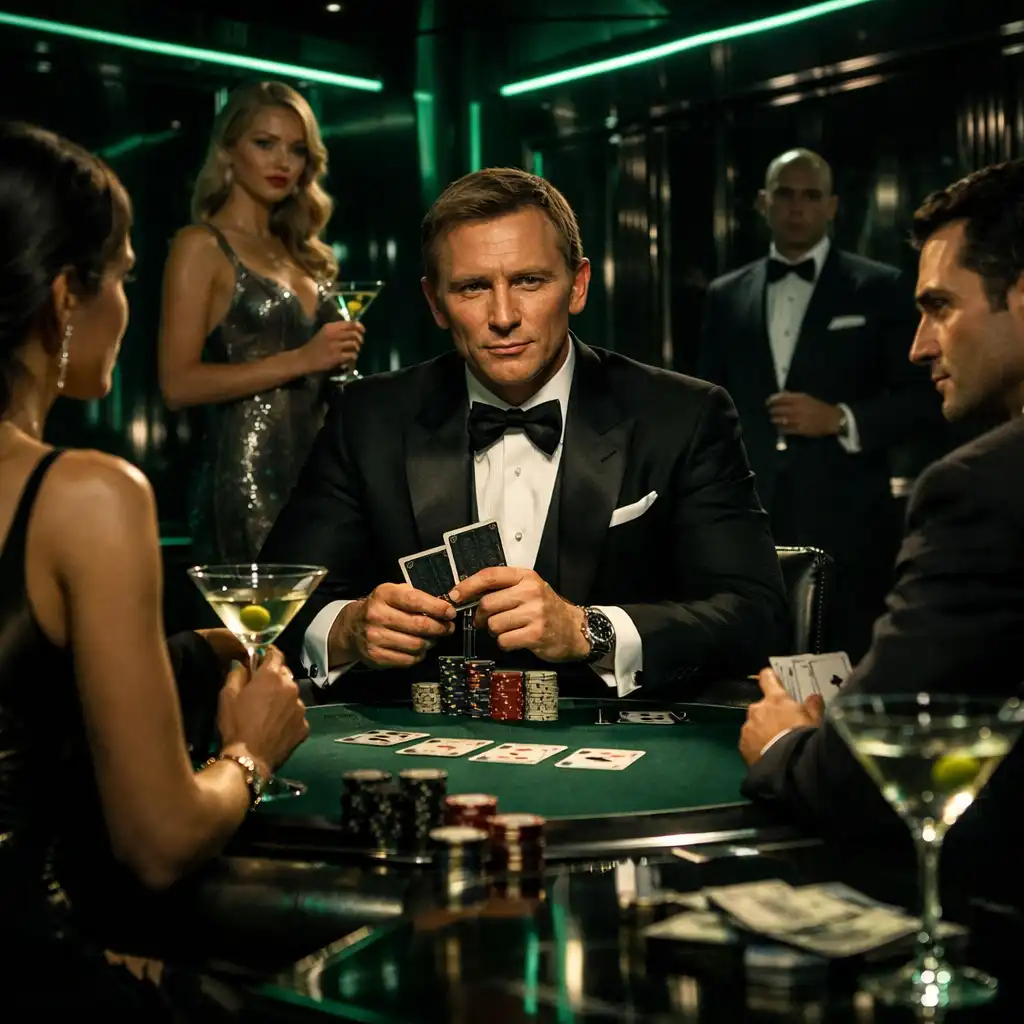 Scena eventowa w stylu James Bond z kasynowymi stołami i oświetleniem teatralnym