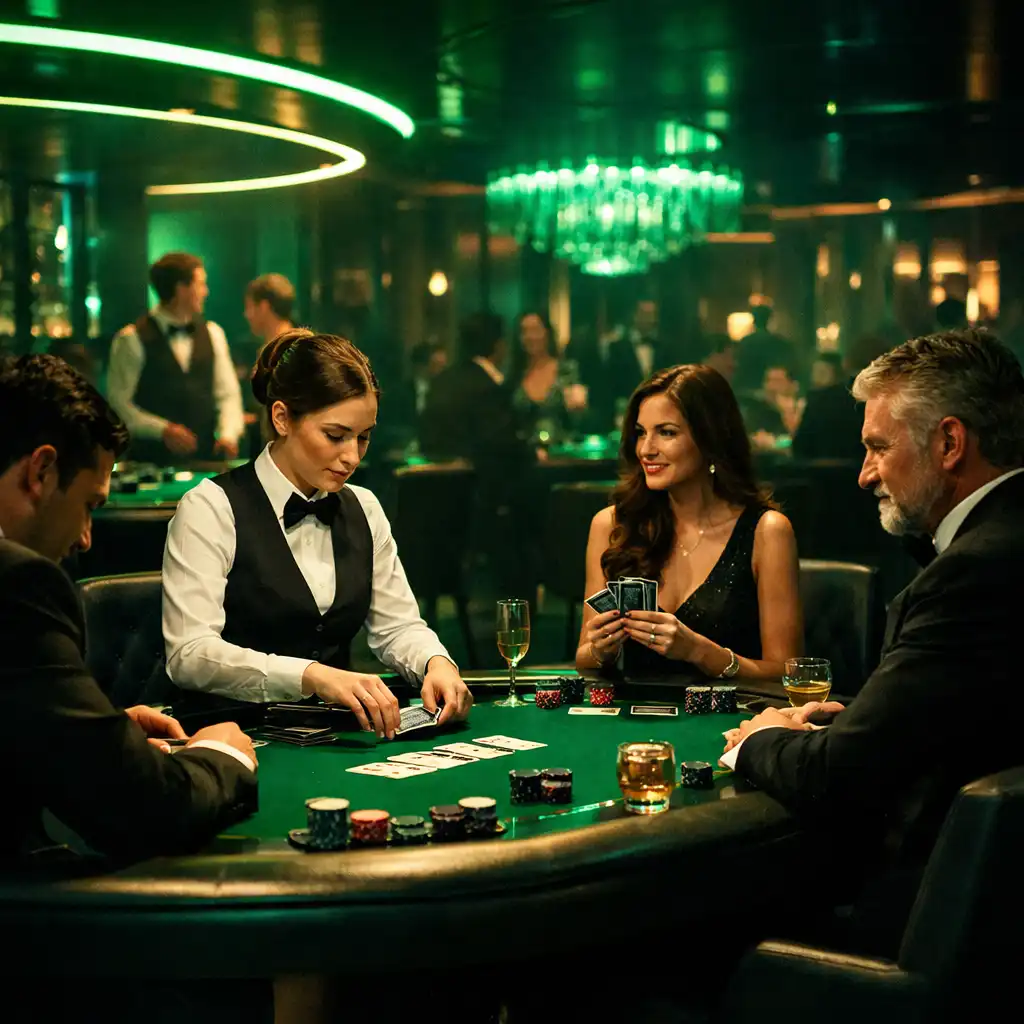 VIP gaming lounge z profesjonalnymi stołami pokerowymi i eleganckim oświetleniem